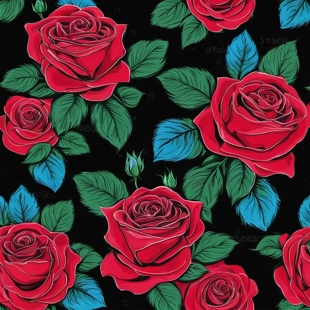 Rose on Black Background with Green and Blue