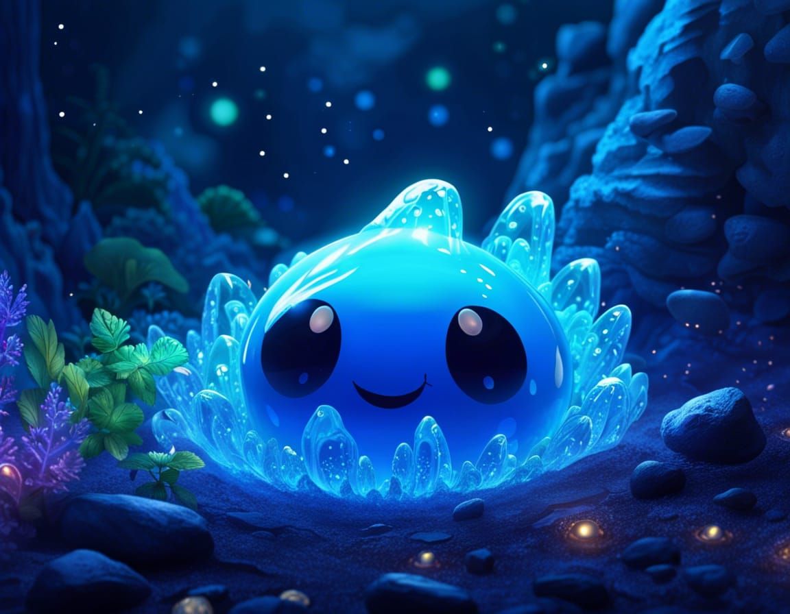 Bioluminescent Crystal Slime Cartoon Character in Cave