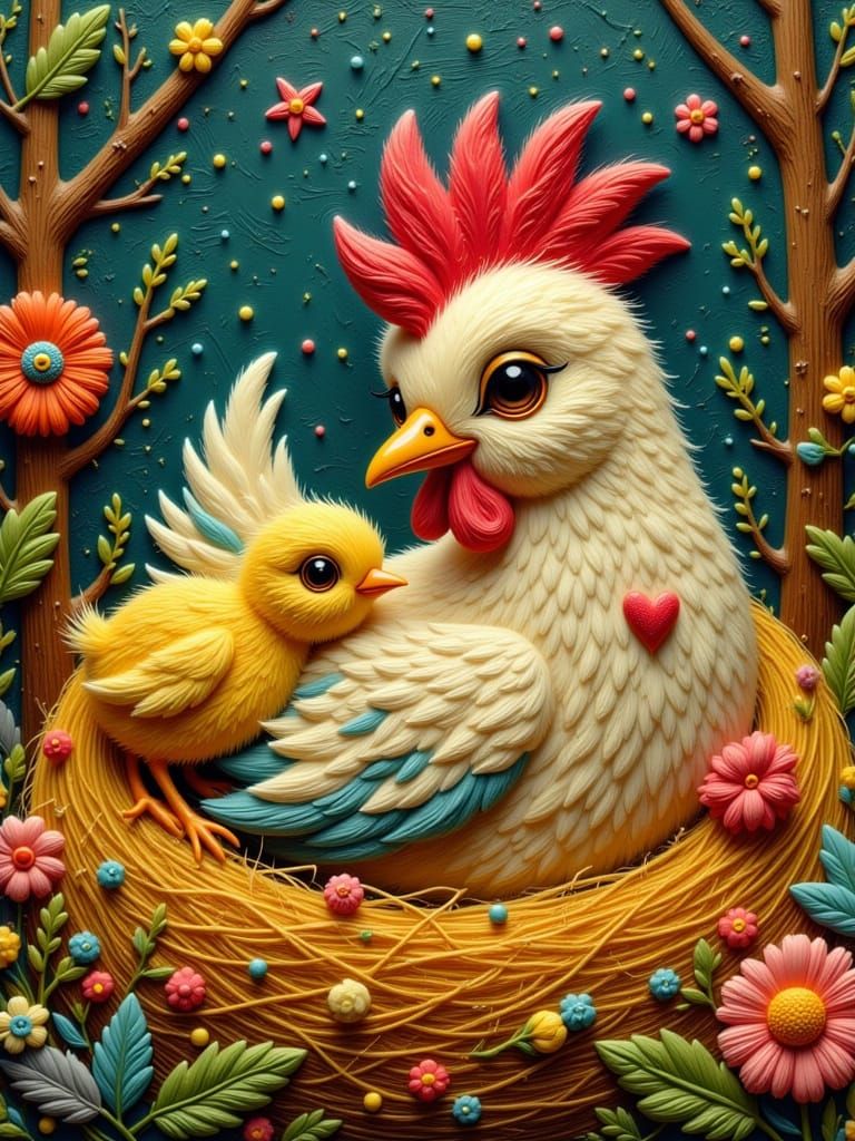 Mother Hen and Chicks in Pastel Embroidery Style