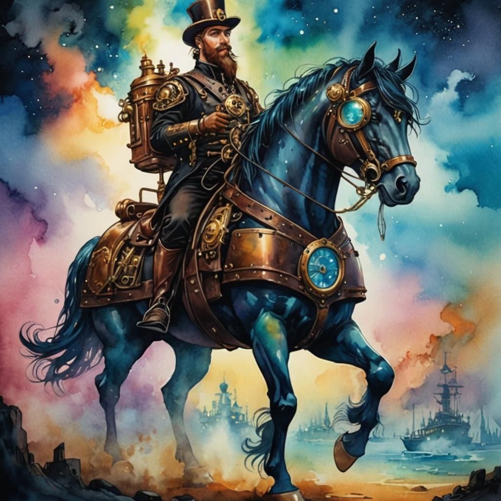 Joyful Steampunk Horse in Watercolor Cartoon Style