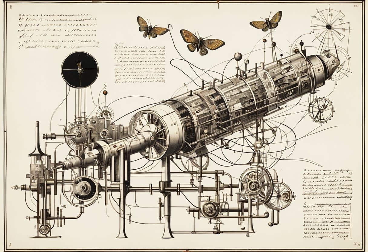 Abstract Machine Schematic in Retrofuturist Style