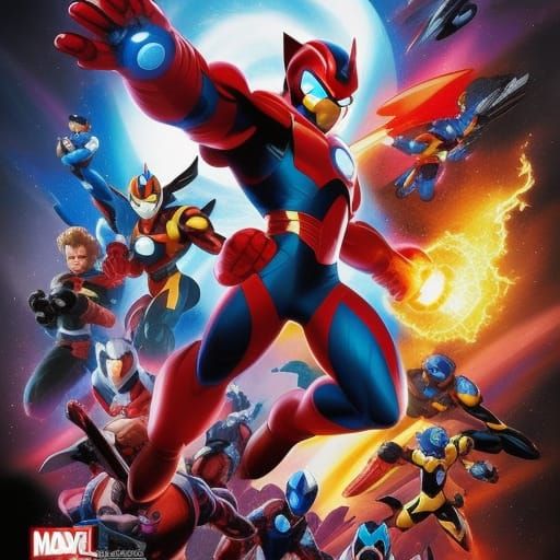 Marvel comics fused with megaman x 
fantasy retro characters design by jim Cheung, composition by greg rutkowski, noctil...