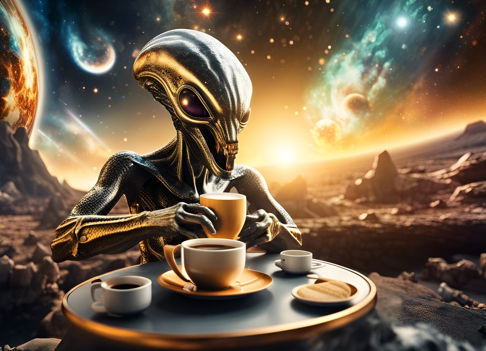 Hyperrealistic Alien Cafe in Space Nebula