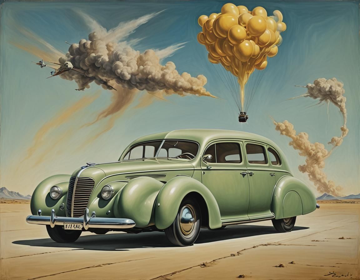 Aerodynamic 1938 Vehicle in Surrealist Style
