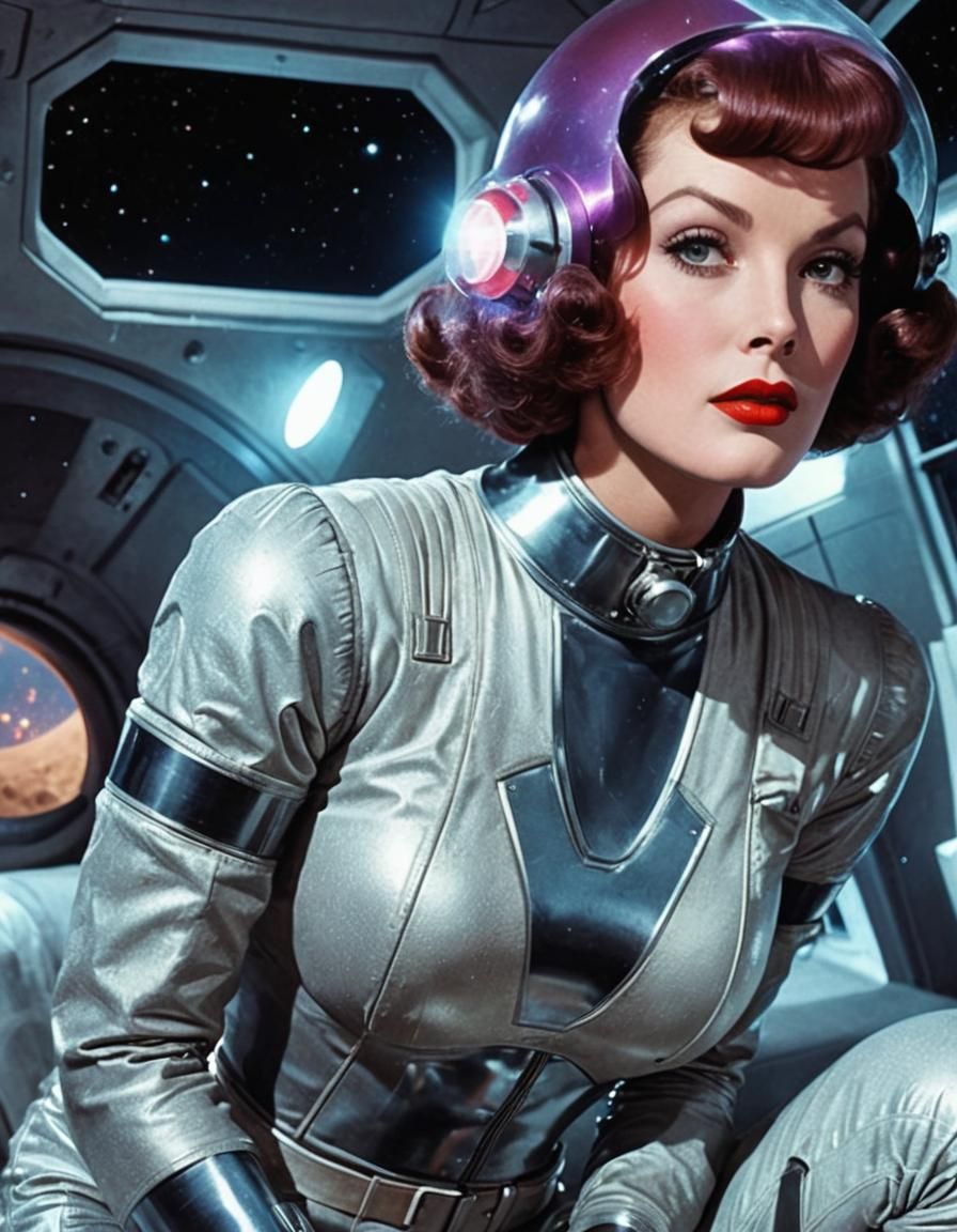 Retro Sci-Fi Woman on the Moon in Solarpunk Style