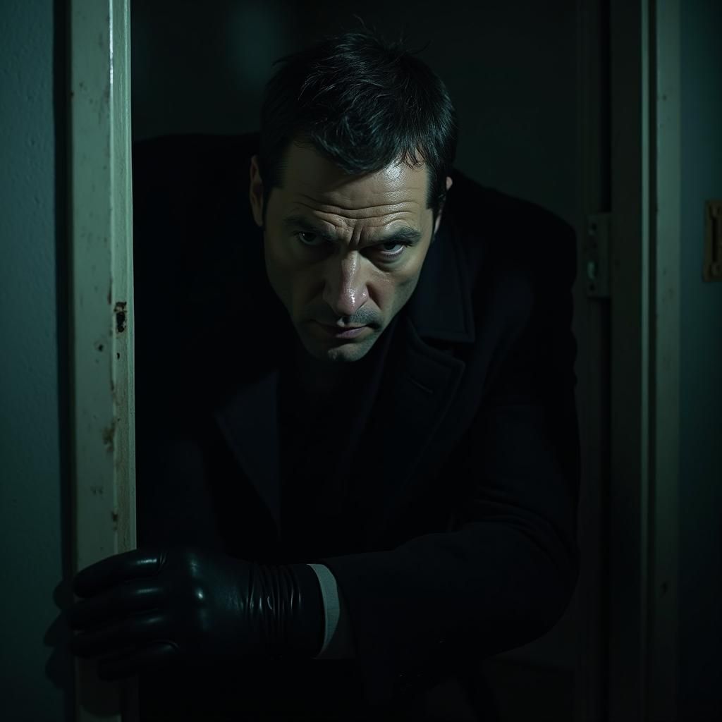 Intense Gaze: Man Peeking from Hatch in Noir Style