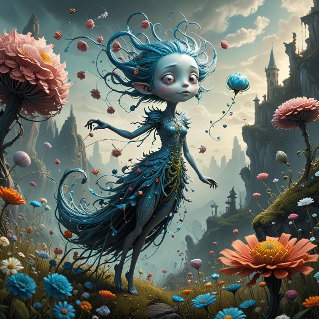 Whimsical Wisp Creature in Surreal Fantasy Landscape