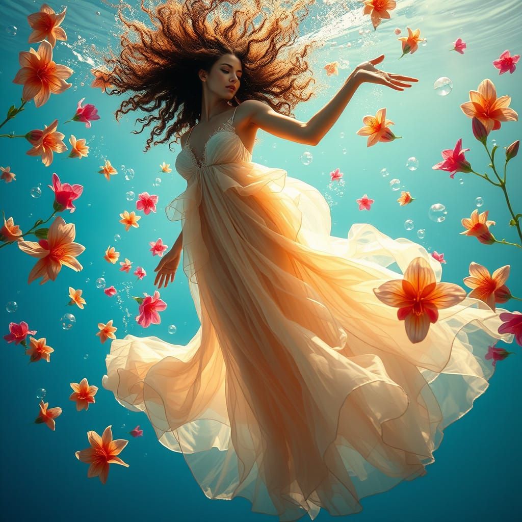 Woman Dancing in an Underwater Floral Wonderland