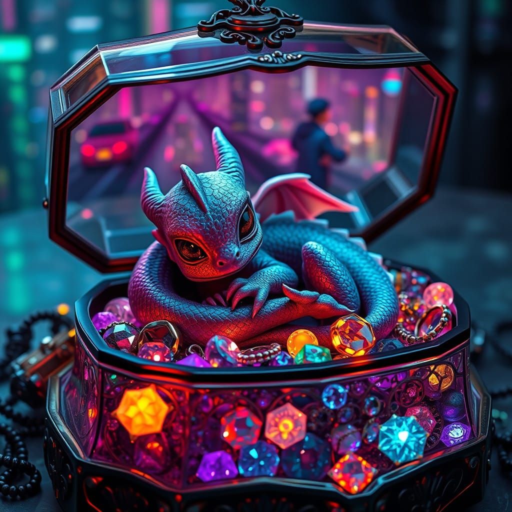 Cyberpunk Baby Dragon in Neon Jewelry Box