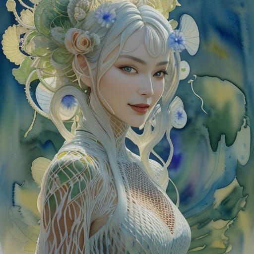 Futuristic Bio-Design Fashion with Surreal Floral Backdrop