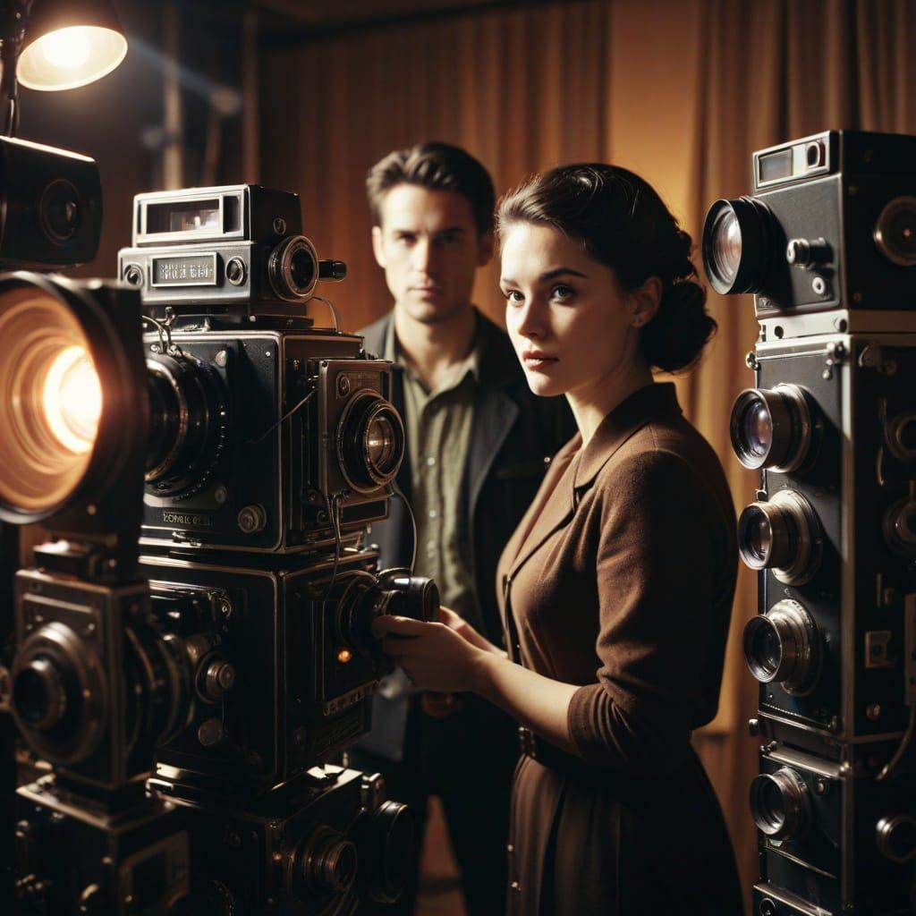 Film Studio Scene with Vintage Cameras in Retro Style