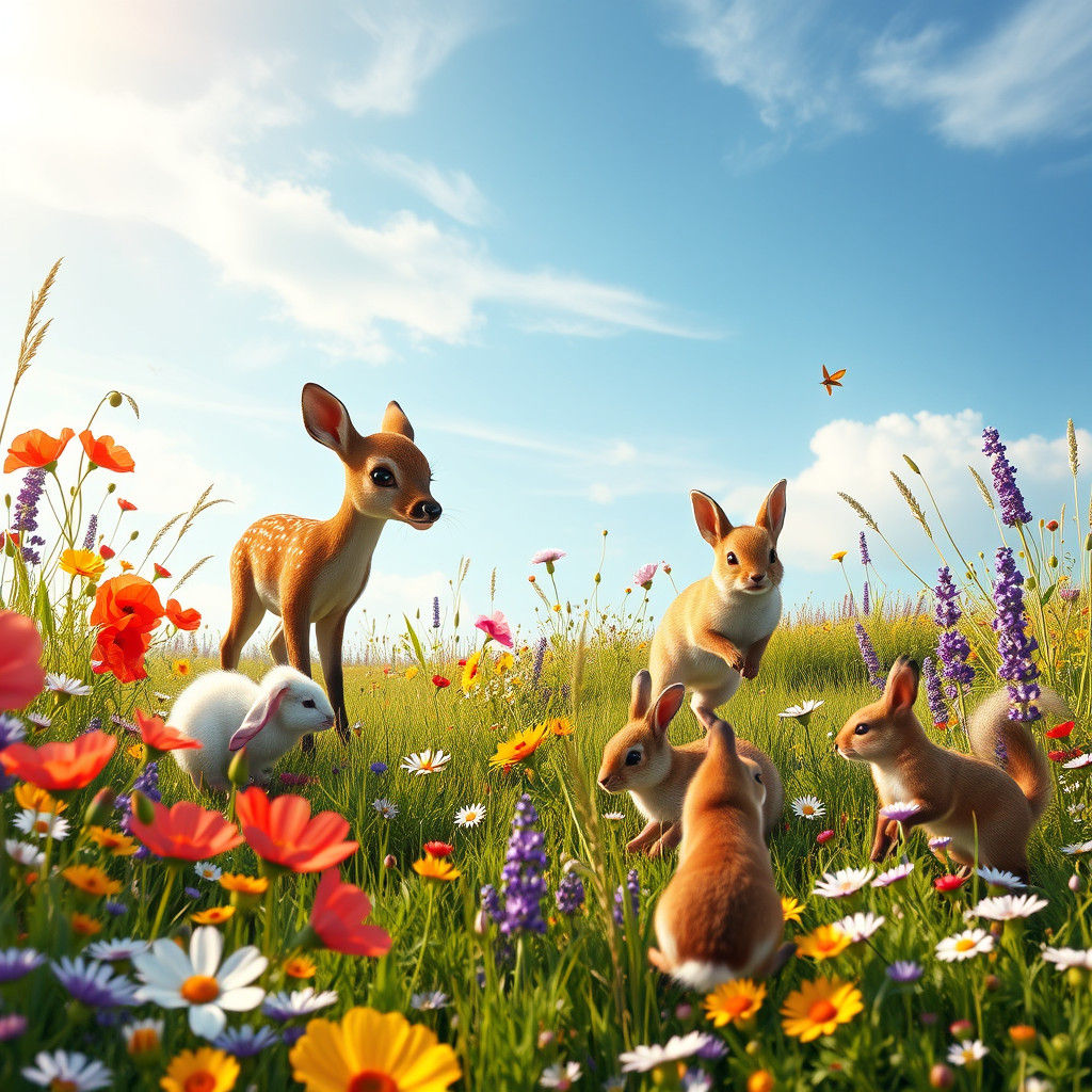 Baby Animals Play in Sun-Drenched Wildflower Meadow
