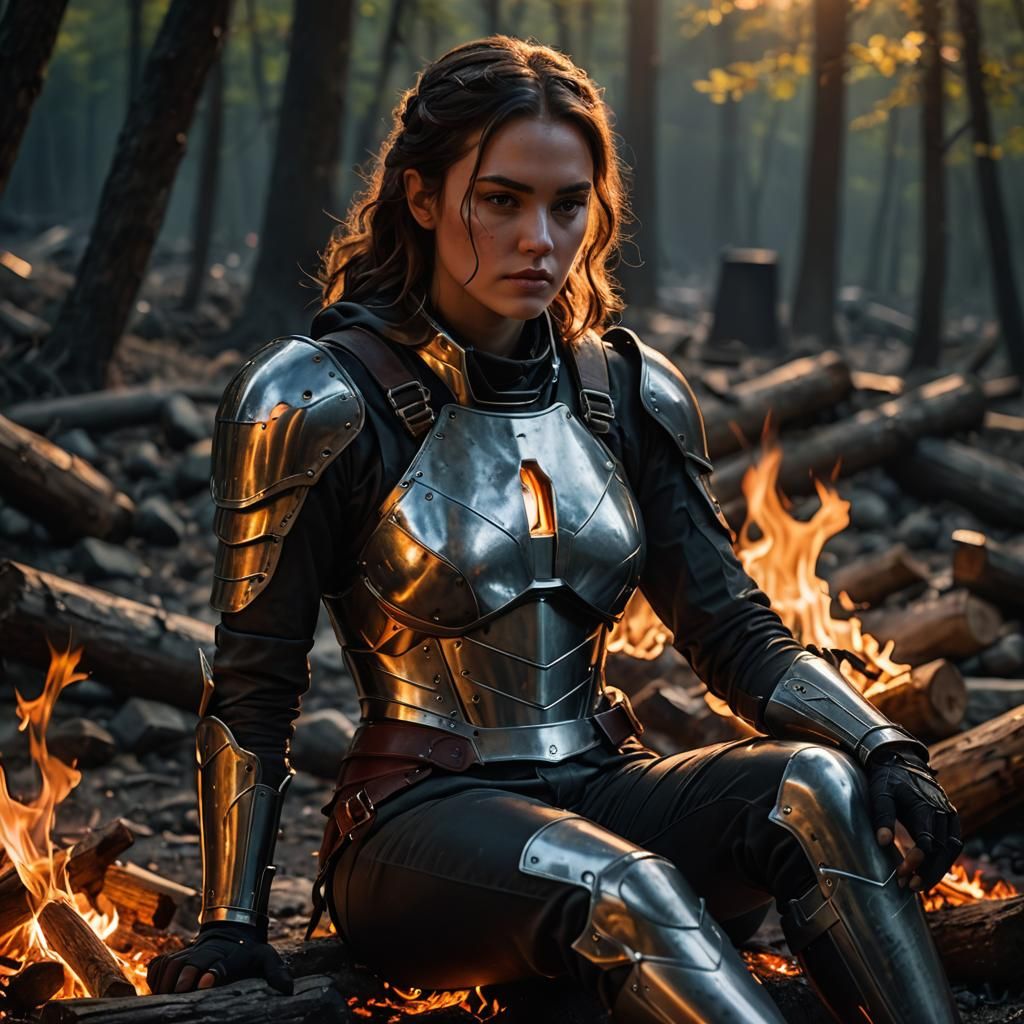 Armored Girl Near Campfire in Cinematic CGI Style