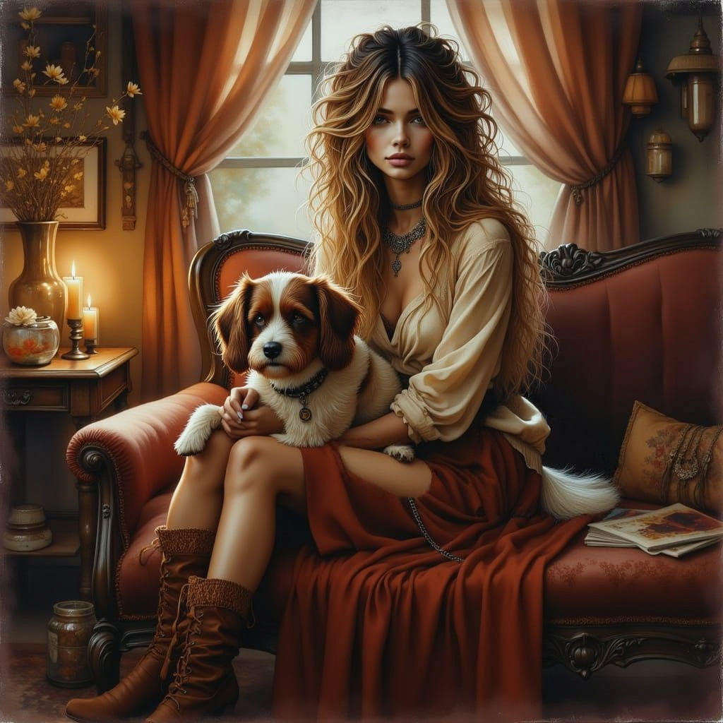 Elegant Woman with Dog on Sofa, Candlelit Room