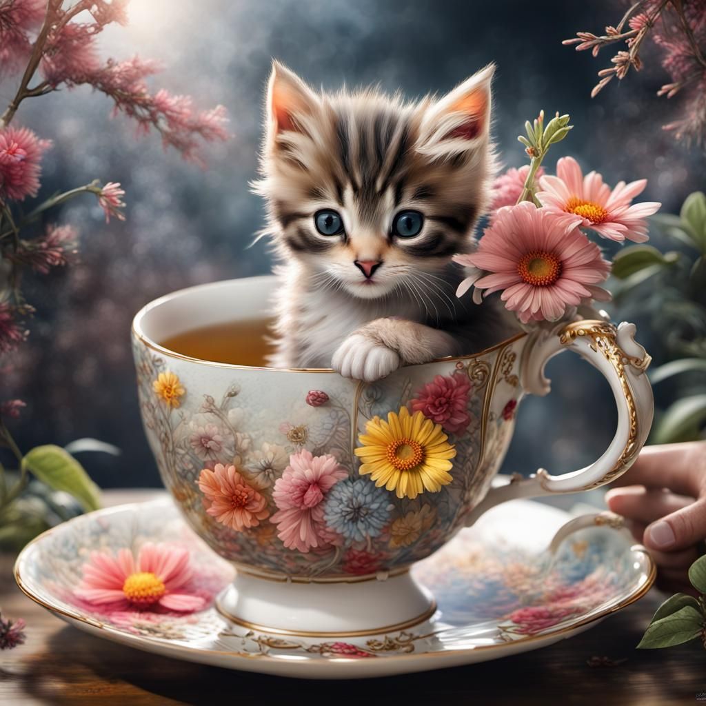 Astonished kitten falls into teacup