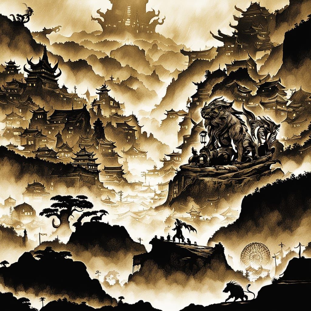 Lion Turtle Chimera Village in Sumi-e Ink Style