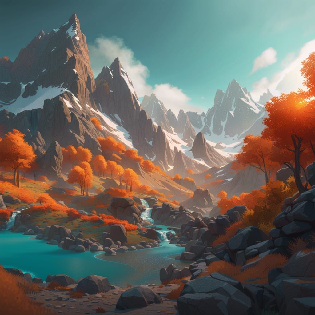 Autumn Mountainscape: Digital Art in Orange and Teal