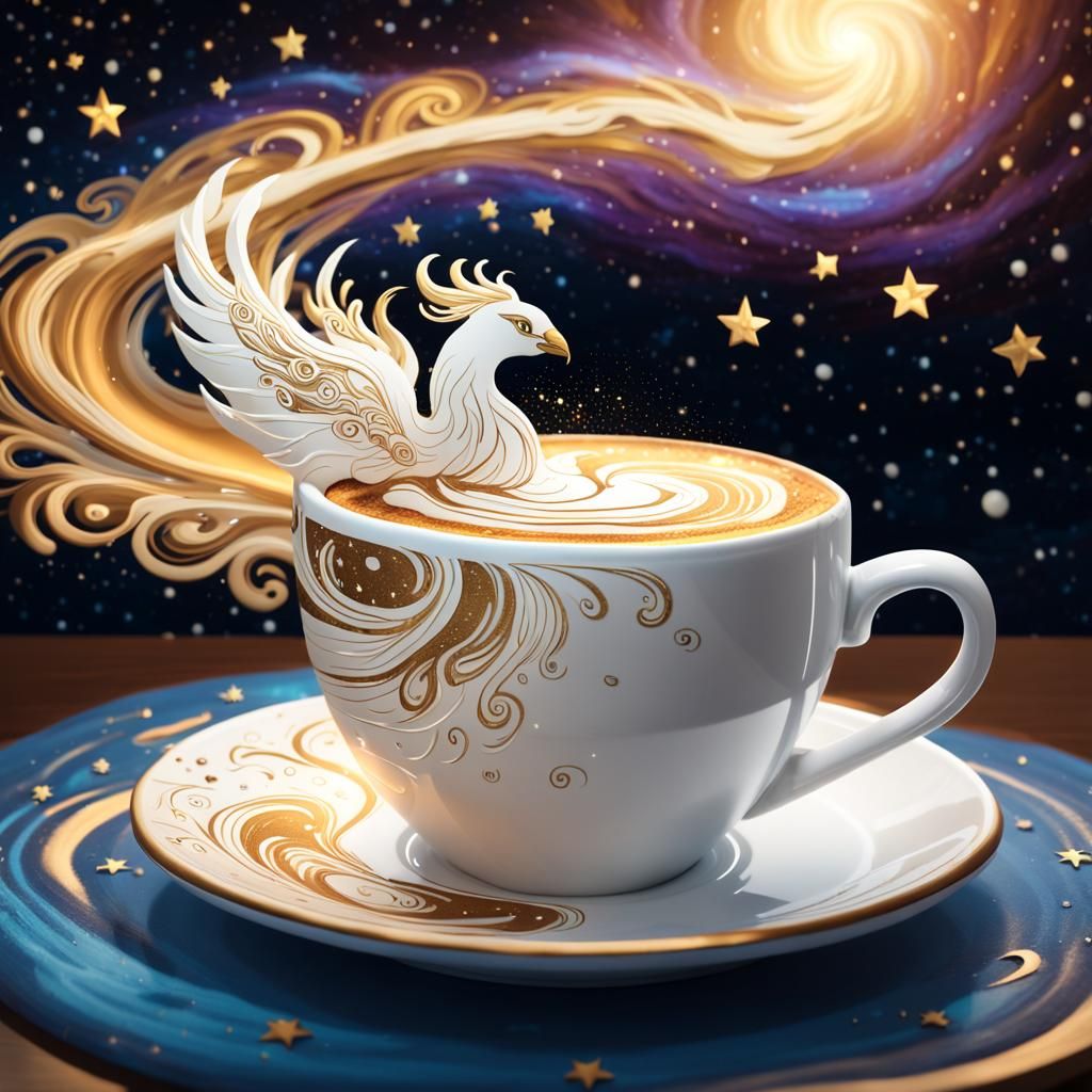 Cosmic Phoenix Latte Art in Digital Style