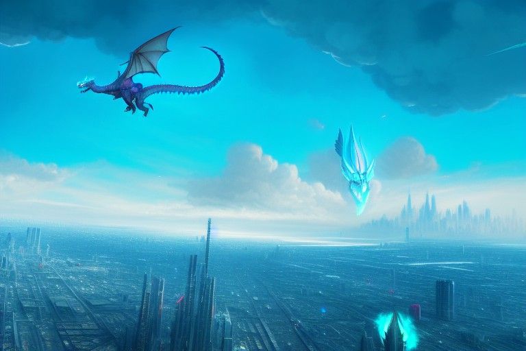 Cyan Dragon Over Futuristic City, Digital Illustration