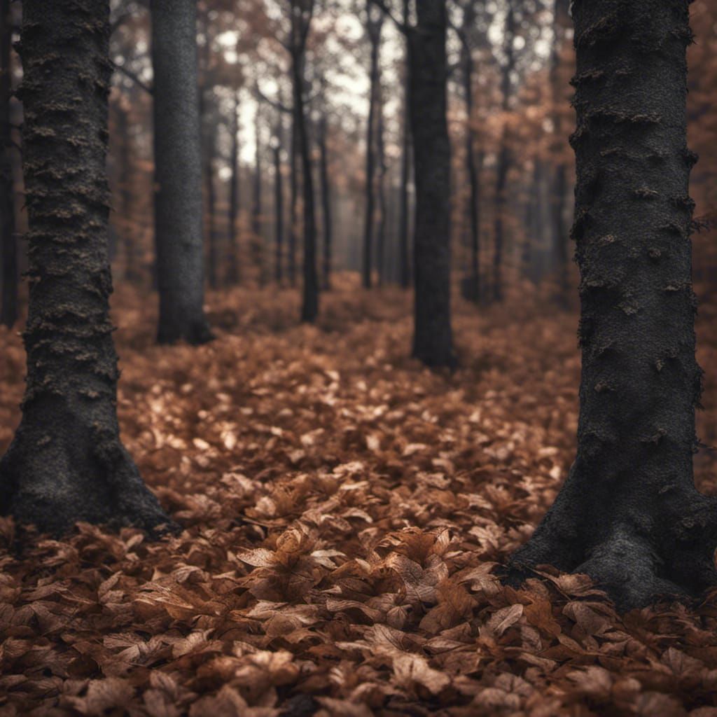 Hyperrealistic Forest Scene with Brown Leaves