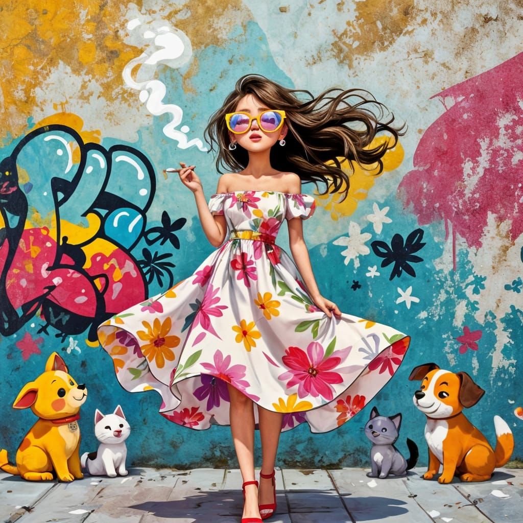 Vibrant Girl Blows in Wind Before Colorful Graffiti Wall wit...