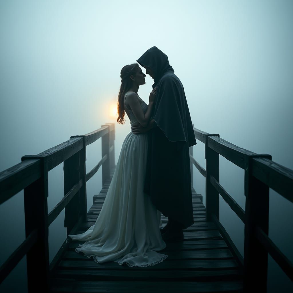 Secret Meeting on Misty Bridge: Cinematic Scene