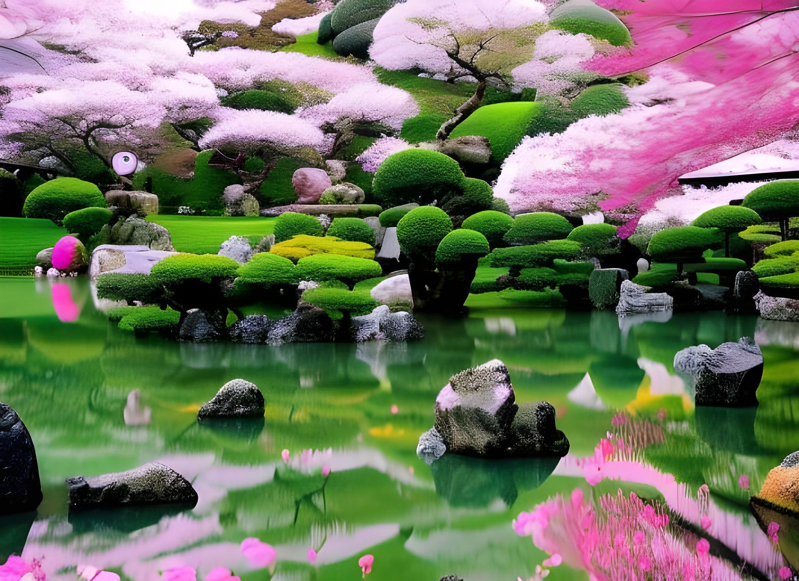 Japanese Temple Garden with Cherry Blossoms