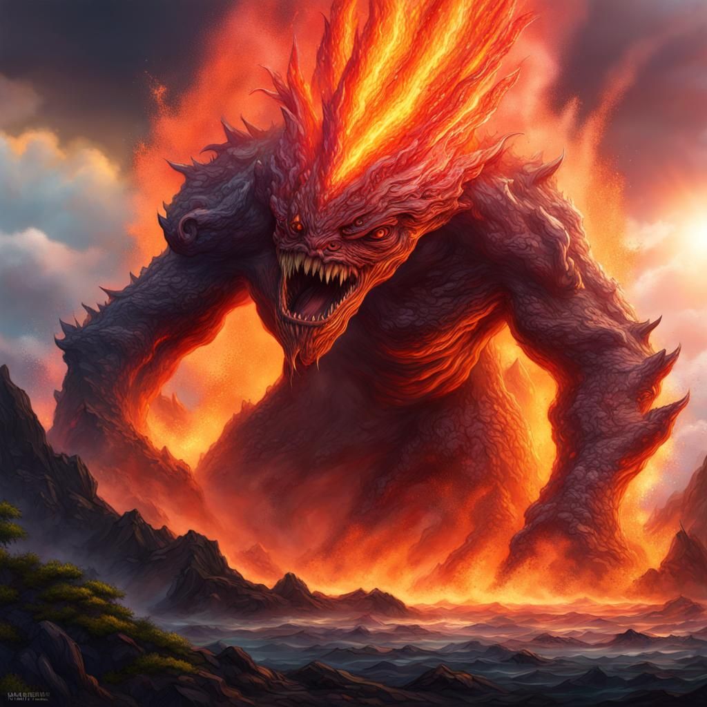 Giant Living Volcano Monster in Splash Art Style