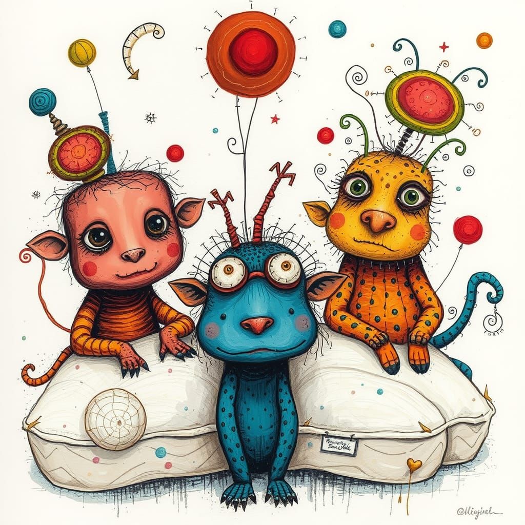 Whimsical Mattress-Faced Creatures in Surreal Dreamscape