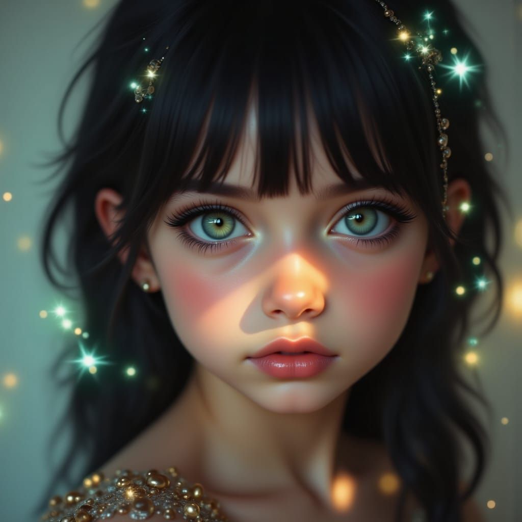 Hyperrealistic Portrait of Girl with Green Eyes and Black Ha...