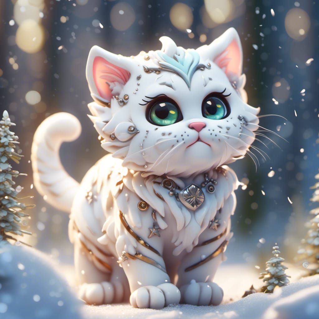 Chubby Chibi Kitten Playing in Snowy Forest