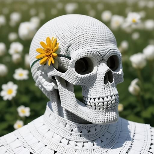 Crocheted Skull Among Spring Flowers