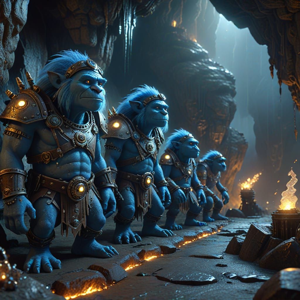 Steampunk Trolls Guarding Cave of Glowing Crystals