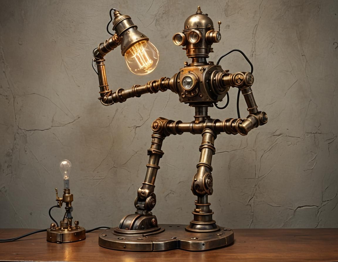 Steampunk Brass Robot Desk Lamp Concept Art
