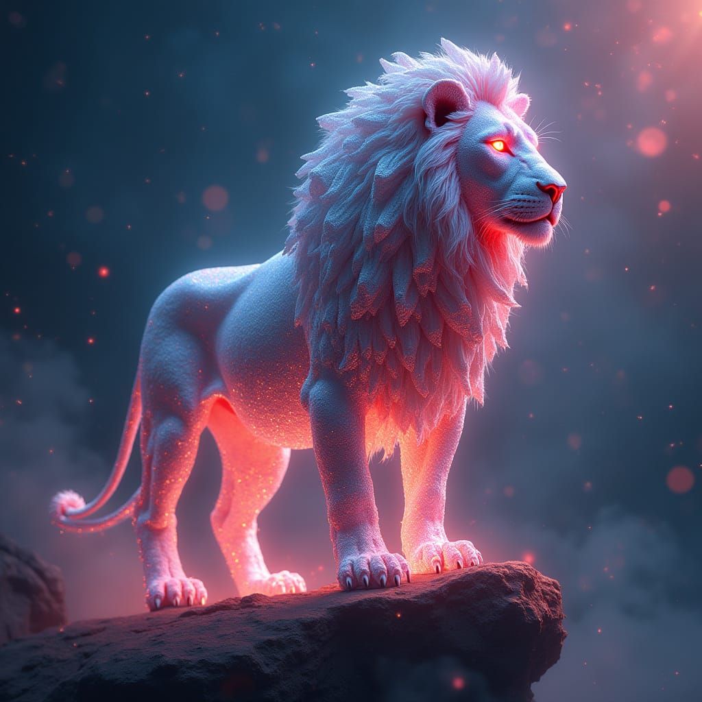 Diamond Lion on Glowing Cliff in Surreal Landscape