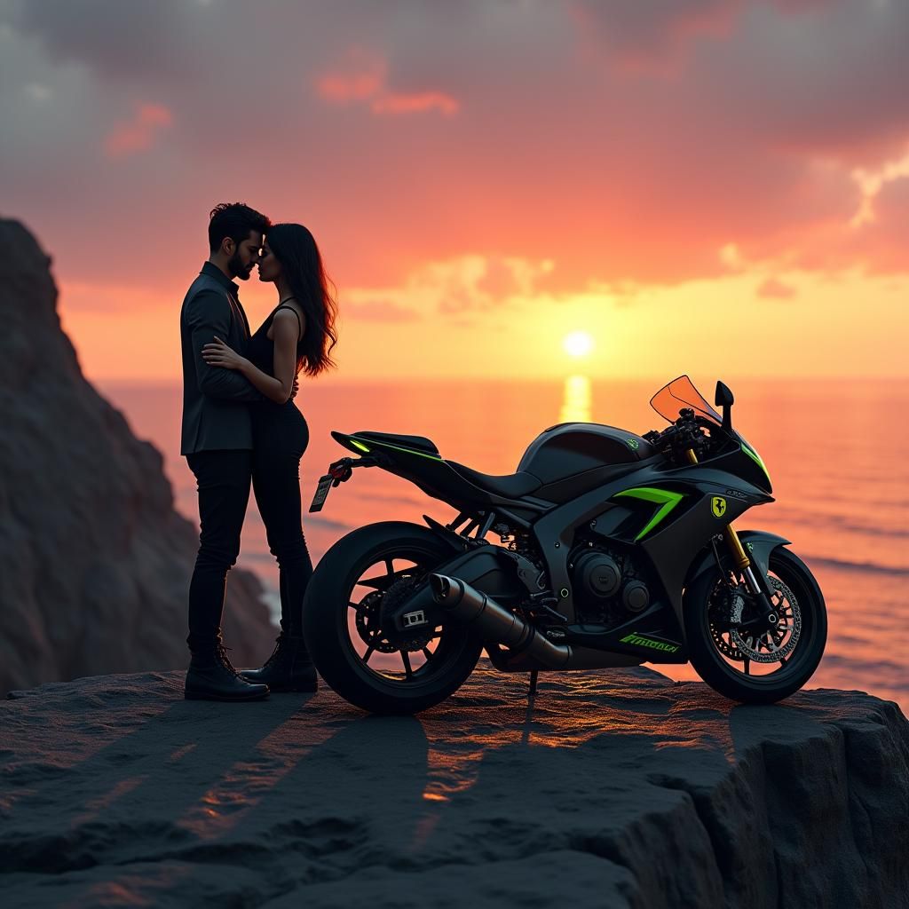 Couple on Cliff with Matching Ferrari and Motorcycle