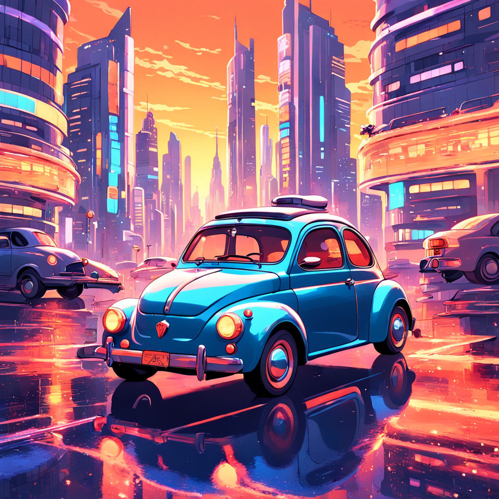 Retrofuturistic Fiat Topolino in Neon Cityscape