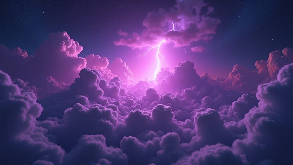 Purple Lightning Illuminates a Starry Midnight Sky