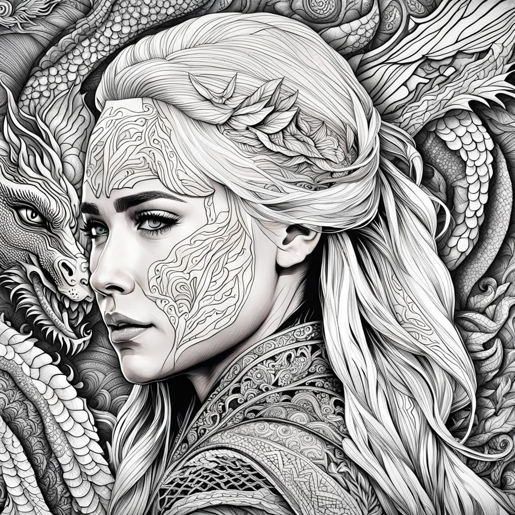 Intricate Zentangle Portrait with Dragon Background