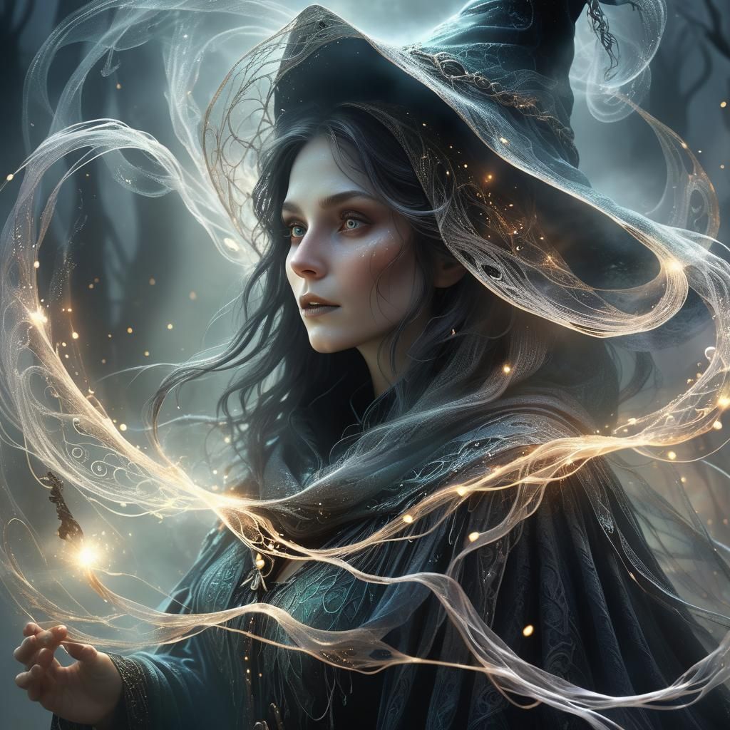 Mystical Witch Embracing Familiar in Ethereal Fantasy Art