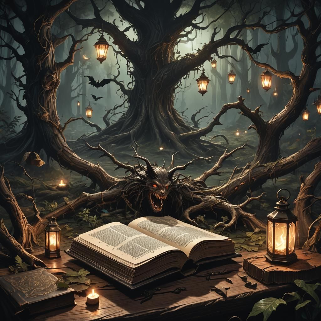 Cursed Book Unleashes Dark Forest, Dark Fantasy Art