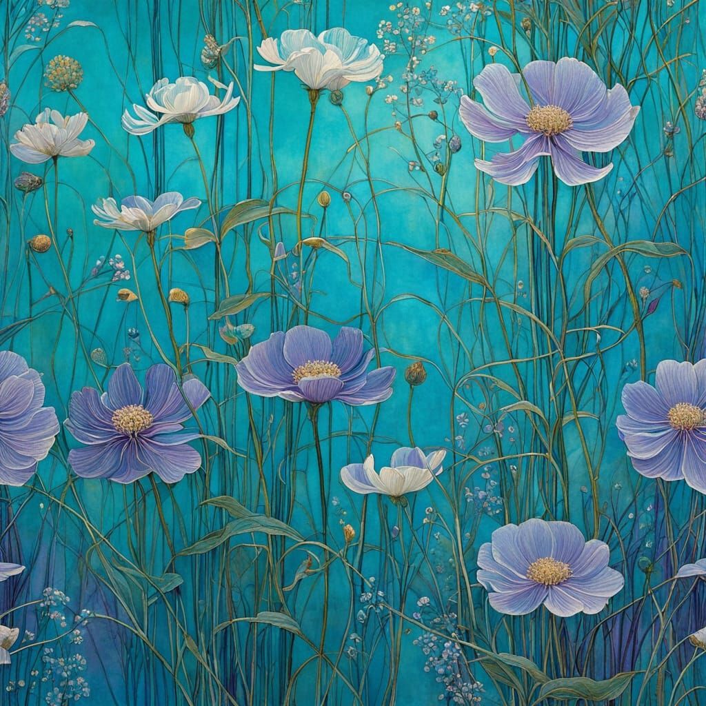 Turquoise Flowers in Purple Light: Art Nouveau Style