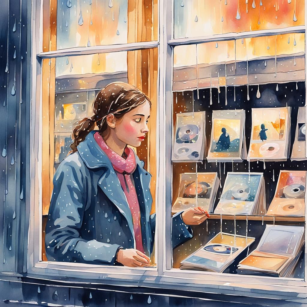 Girl Looks at Records in Rainy Gouache Painting