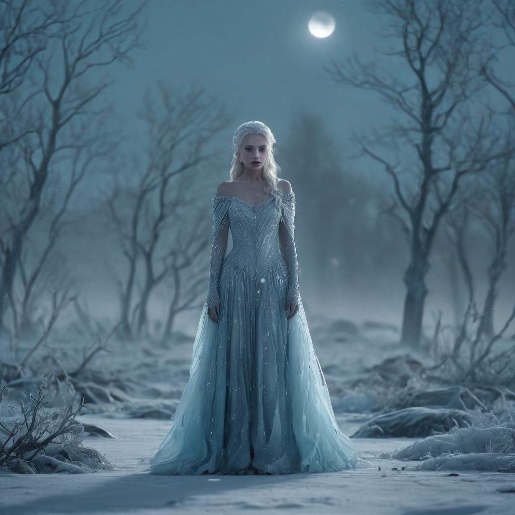 Icy Queen in Frozen Landscape with Aurora
