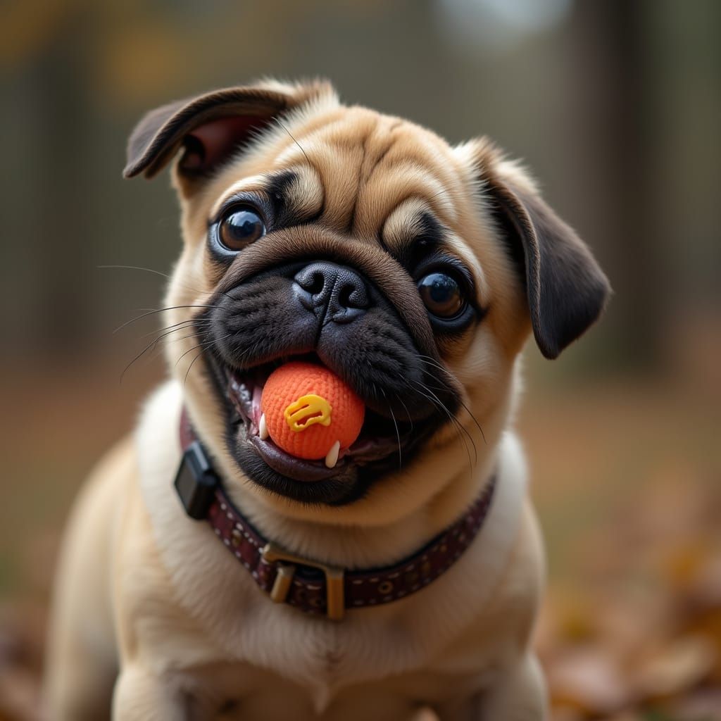 Playful Pug Mid-Shake, Photorealistic Style