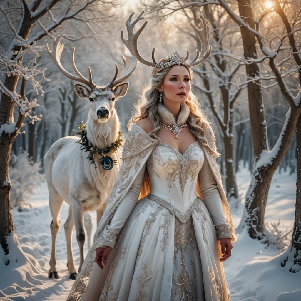Majestic White Reindeer in Winter Wonderland Photography