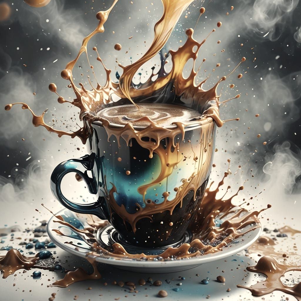 Futuristic Holographic Coffee Cup with Ink Splatters