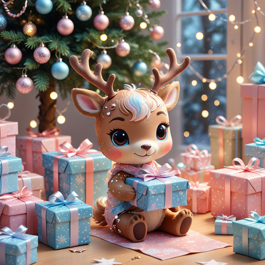 Whimsical Christmas Reindeer Unwraps Gifts Under Kawaii Tree