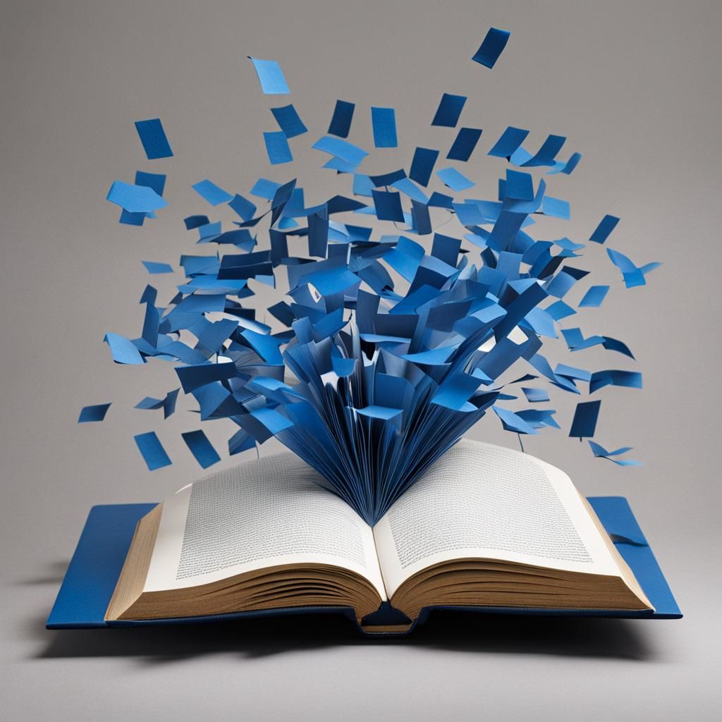Sculpture of a Blue Book with Flying Words
