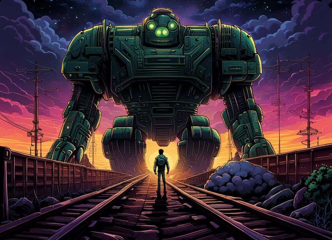 Giant Robot on Train Tracks: Retro-Futuristic Matte Painting